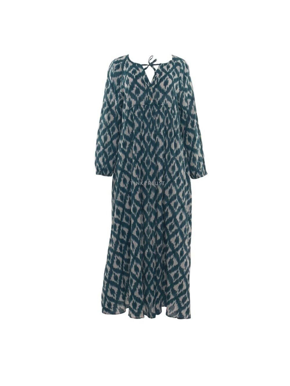 OYSH0 OVERSIZED MAXI DRESS LIGHTWEIGHT SEMI SHEER GREEN & CREAM PATTERN SZ XS